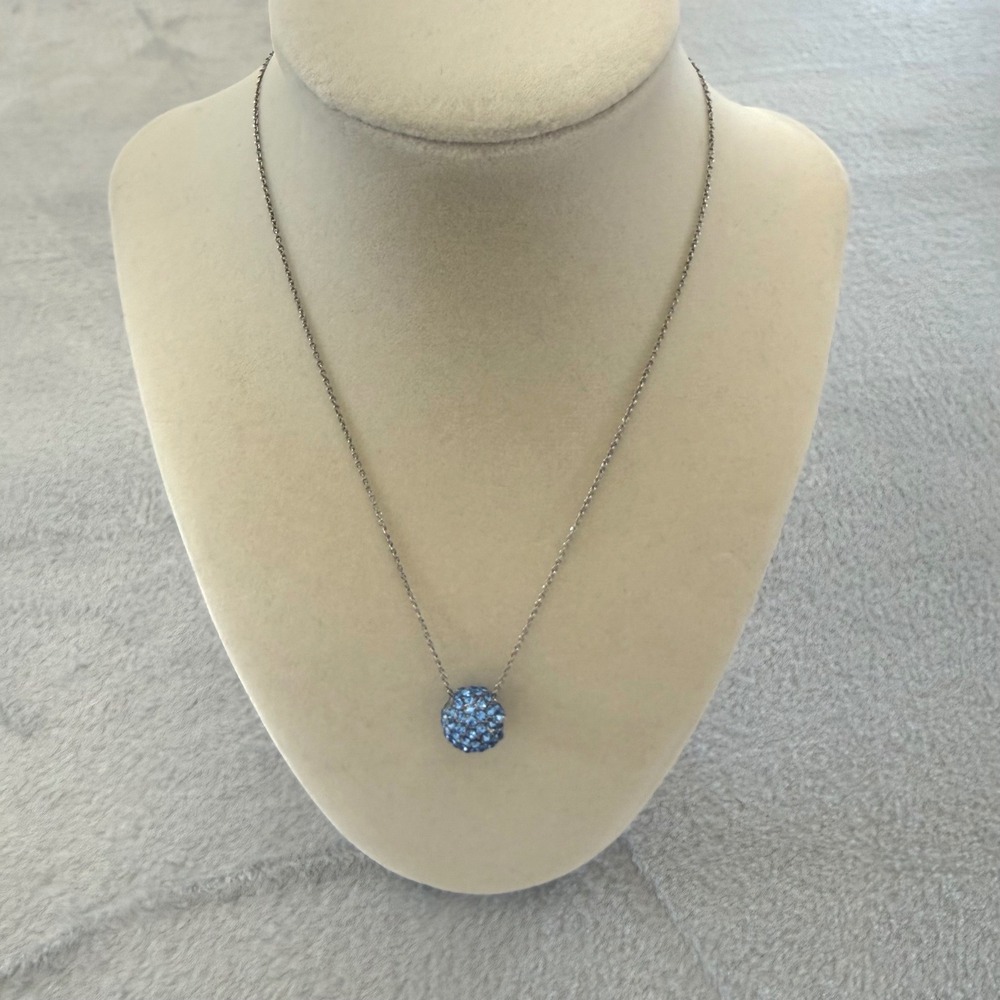 Monet Blue Crystal Pave Ball Pendant Necklace Silver Tone Modern, Flaw Shown - Picture 2 of 11